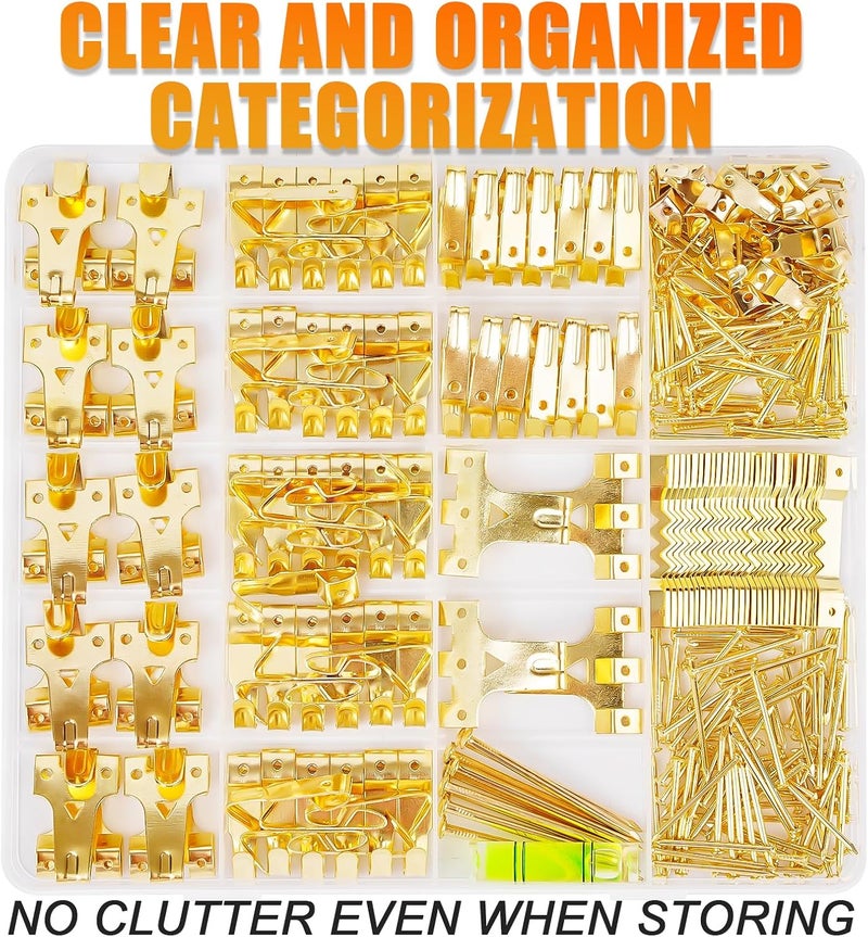 KURUI Picture Hangers, 385Pcs Picture Hanging Kit with Heavy Duty Picture Hanging Hooks, Sawtooth, Hardware Nails and Picture Hanging Tool, Wall Hangers for Frame, Painting, Art, Photo (Gold) - Image 4