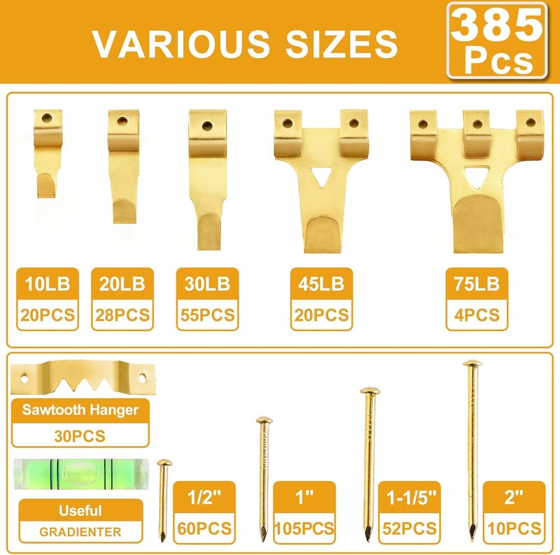 KURUI Picture Hangers, 385Pcs Picture Hanging Kit with Heavy Duty Picture Hanging Hooks, Sawtooth, Hardware Nails and Picture Hanging Tool, Wall Hangers for Frame, Painting, Art, Photo (Gold) - Image 3