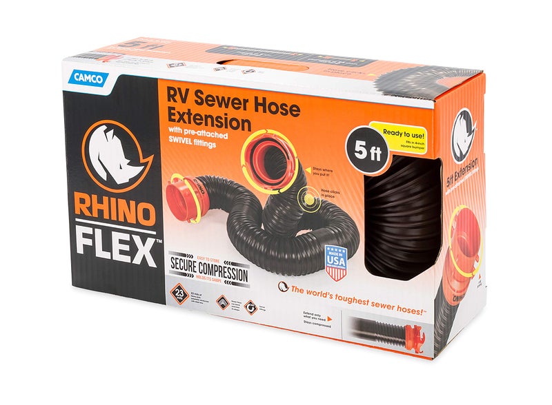 Camco مجموعة تمديد خرطوم الصرف RV RhinoFLEX بطول 5 أقدام مع وصلة دوارة - 39765، أسود - Image 5