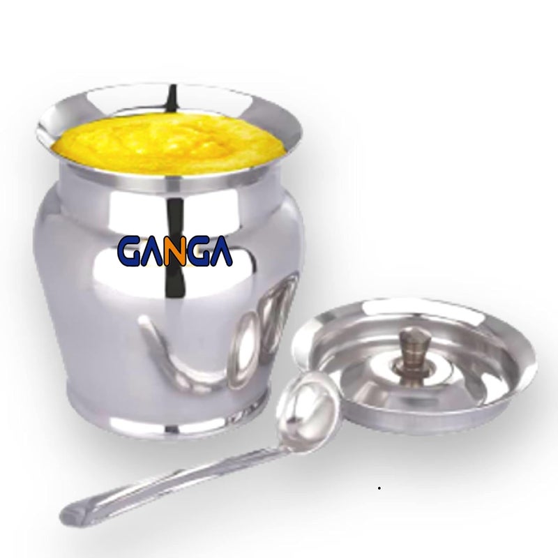 GANGAMETAL GANGA Elegant Stainless Steel Ghee Pot With Spoon Oil Container Ghee Pot Set with Spoon Silver Touch Finish 300ML 