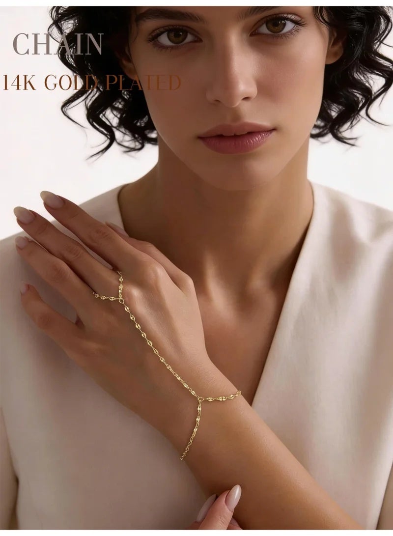 CAMSCH 4 Pcs Gold Hand Chain Bracelets for Women, Dainty 14K Gold Plated Ring Bracelet Hand Chain, Stackable Beaded Cubic Zirconia Bracelet Stack Jewelry Gifts - Image 2