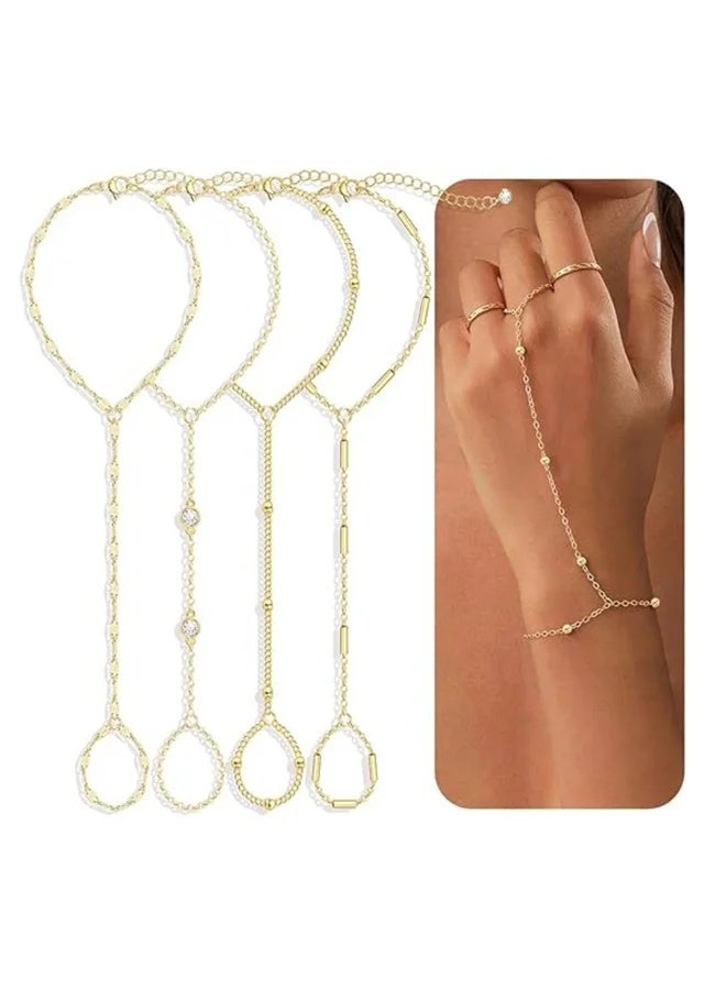 CAMSCH 4 Pcs Gold Hand Chain Bracelets for Women, Dainty 14K Gold Plated Ring Bracelet Hand Chain, Stackable Beaded Cubic Zirconia Bracelet Stack Jewelry Gifts - Image 1