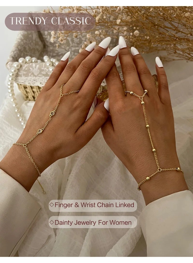 CAMSCH 4 Pcs Gold Hand Chain Bracelets for Women, Dainty 14K Gold Plated Ring Bracelet Hand Chain, Stackable Beaded Cubic Zirconia Bracelet Stack Jewelry Gifts - Image 4