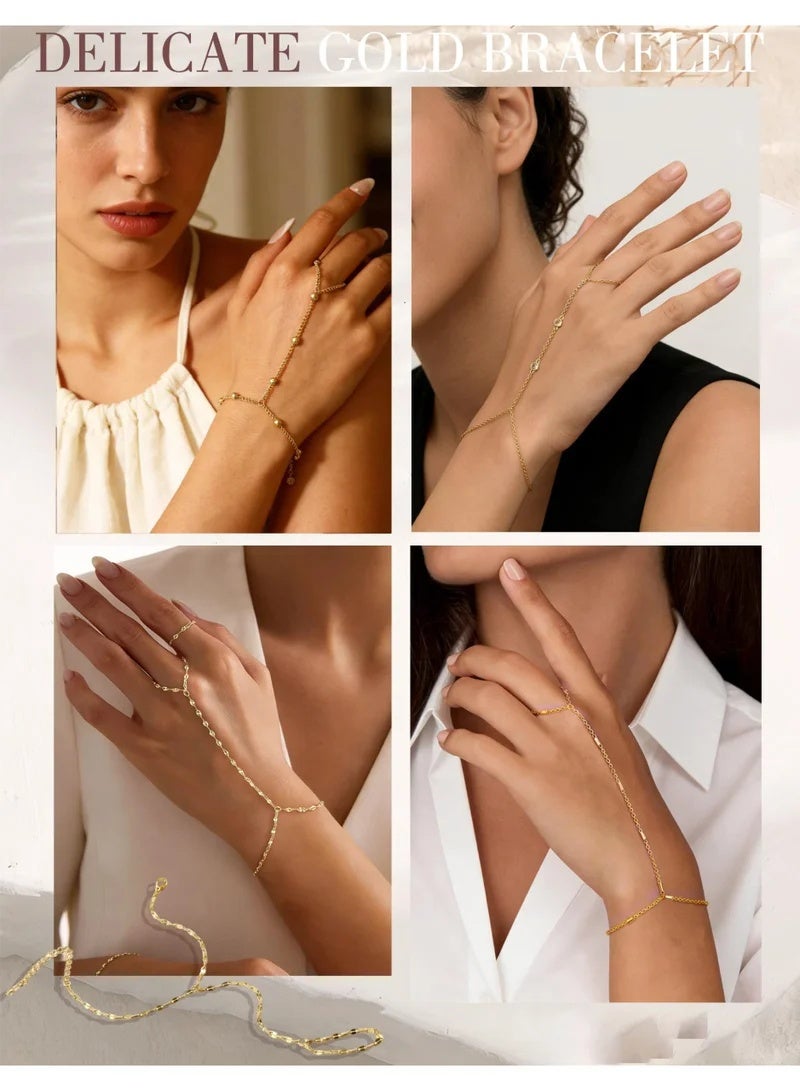 CAMSCH 4 Pcs Gold Hand Chain Bracelets for Women, Dainty 14K Gold Plated Ring Bracelet Hand Chain, Stackable Beaded Cubic Zirconia Bracelet Stack Jewelry Gifts - Image 3