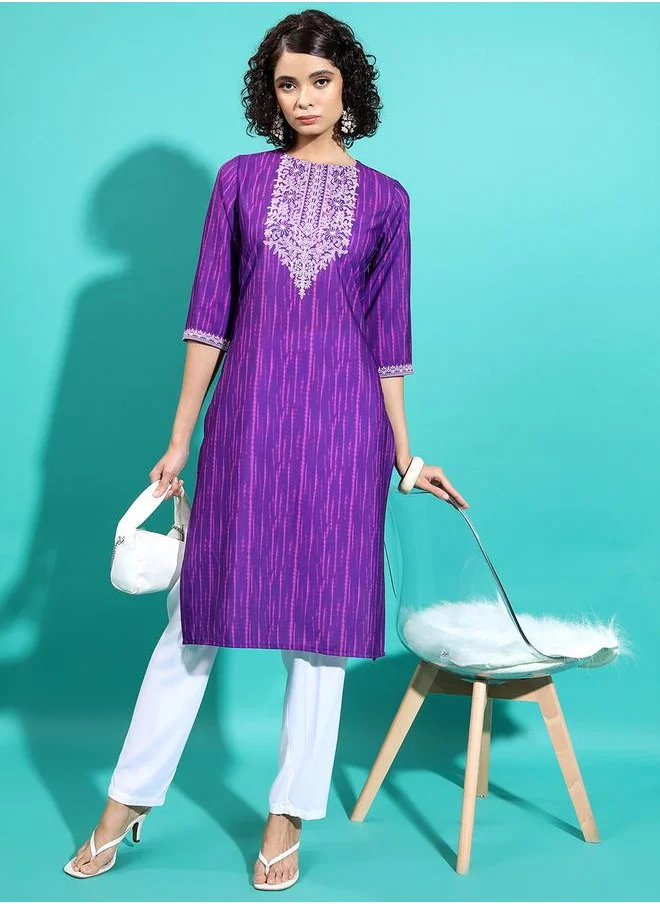 Vishudh Purple Embroidered Keyhole Neck Thread Work Kurta by Styli