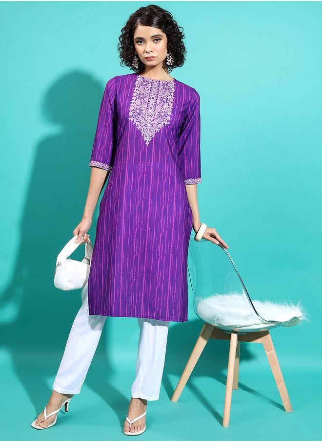 Vishudh - Purple Embroidered Keyhole Neck Thread Work Kurta by Styli - Image 1