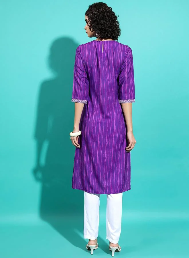Vishudh Purple Embroidered Keyhole Neck Thread Work Kurta by Styli