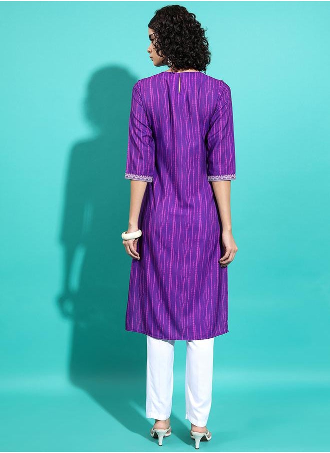 Vishudh - Purple Embroidered Keyhole Neck Thread Work Kurta by Styli - Image 1