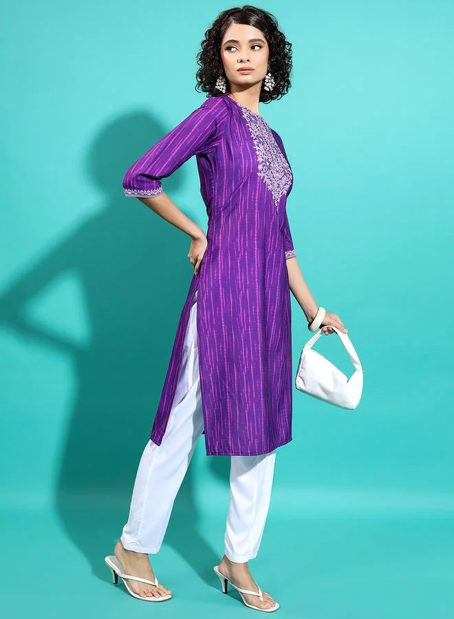 Vishudh Purple Embroidered Keyhole Neck Thread Work Kurta by Styli