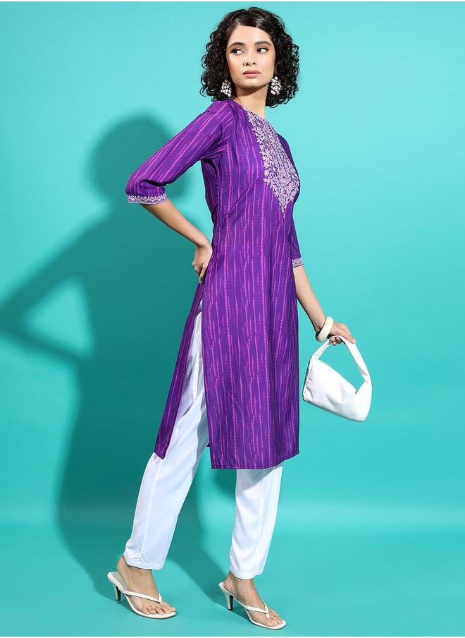 Vishudh - Purple Embroidered Keyhole Neck Thread Work Kurta by Styli - Image 1