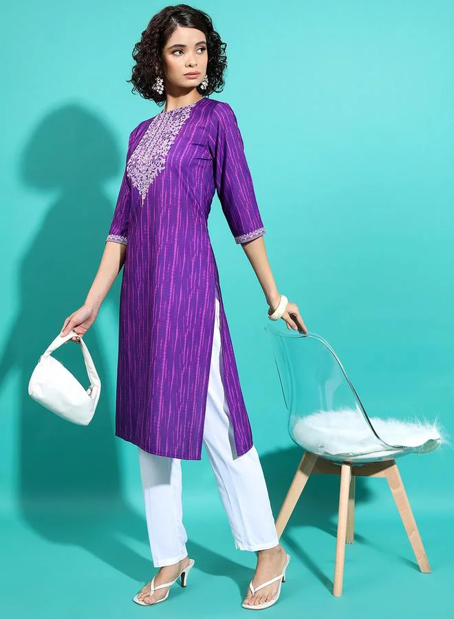 Vishudh Purple Embroidered Keyhole Neck Thread Work Kurta by Styli