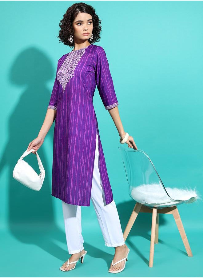 Vishudh - Purple Embroidered Keyhole Neck Thread Work Kurta by Styli - Image 1