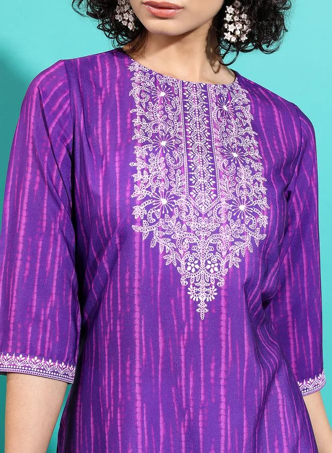 Vishudh Purple Embroidered Keyhole Neck Thread Work Kurta by Styli