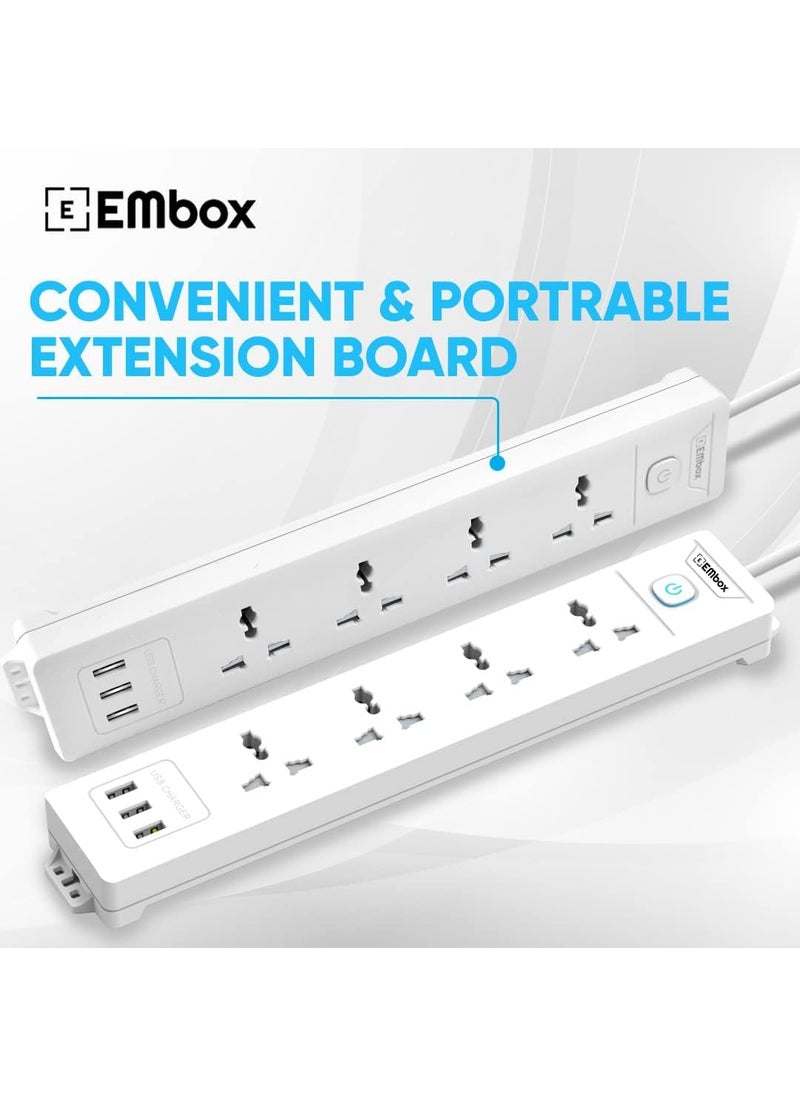 EMBOX EMBOX 10A Extension Board with USB Master SwitchSpike Guard with 4 Universal Sockets and 3 USB PortsExtension Cord with Safety Shutter2500W 4 Sockets 3 USB 3 Mtr Cord Length  - Image 2