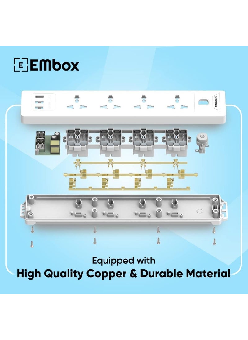 EMBOX EMBOX 10A Extension Board with USB Master SwitchSpike Guard with 4 Universal Sockets and 3 USB PortsExtension Cord with Safety Shutter2500W 4 Sockets 3 USB 3 Mtr Cord Length  - Image 5