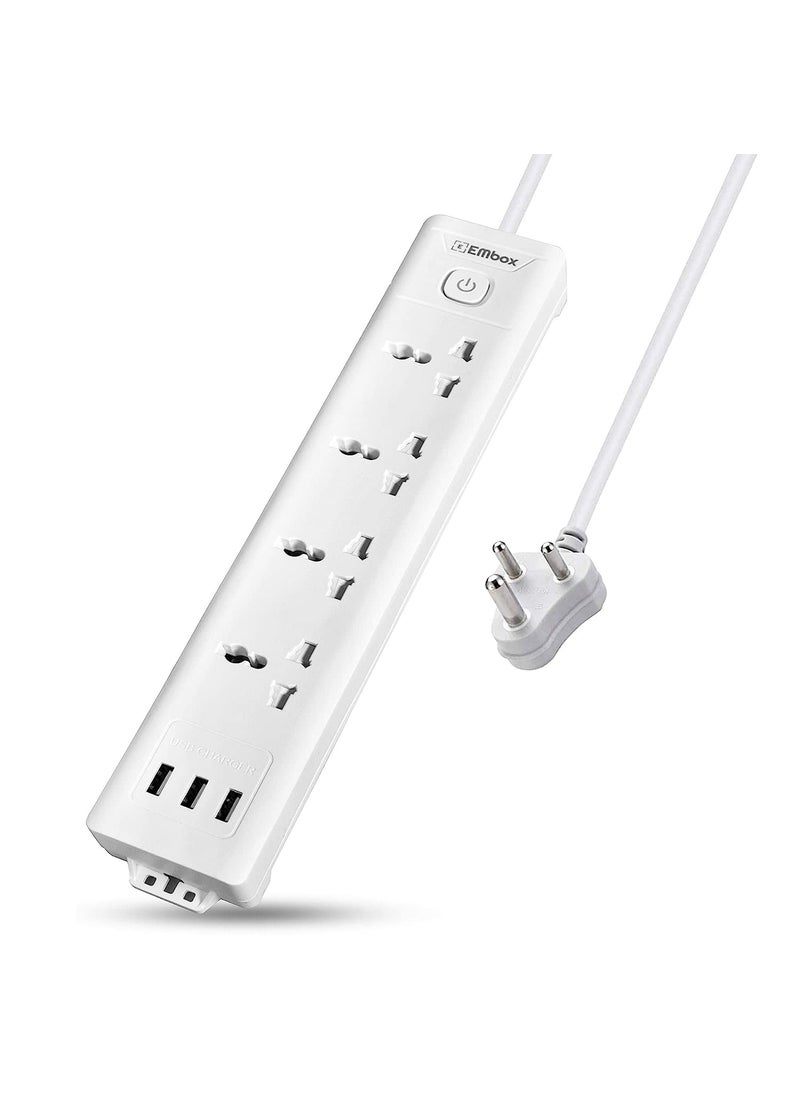 EMBOX EMBOX 10A Extension Board with USB Master SwitchSpike Guard with 4 Universal Sockets and 3 USB PortsExtension Cord with Safety Shutter2500W 4 Sockets 3 USB 3 Mtr Cord Length  - Image 1