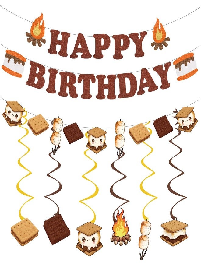 WAWEOOP Camping Smores Themed Birthday Party Decorations,Glitter Smores Birthday Banner with Hanging Swirls for Camp Smore Party Decor Supplies - Image 1