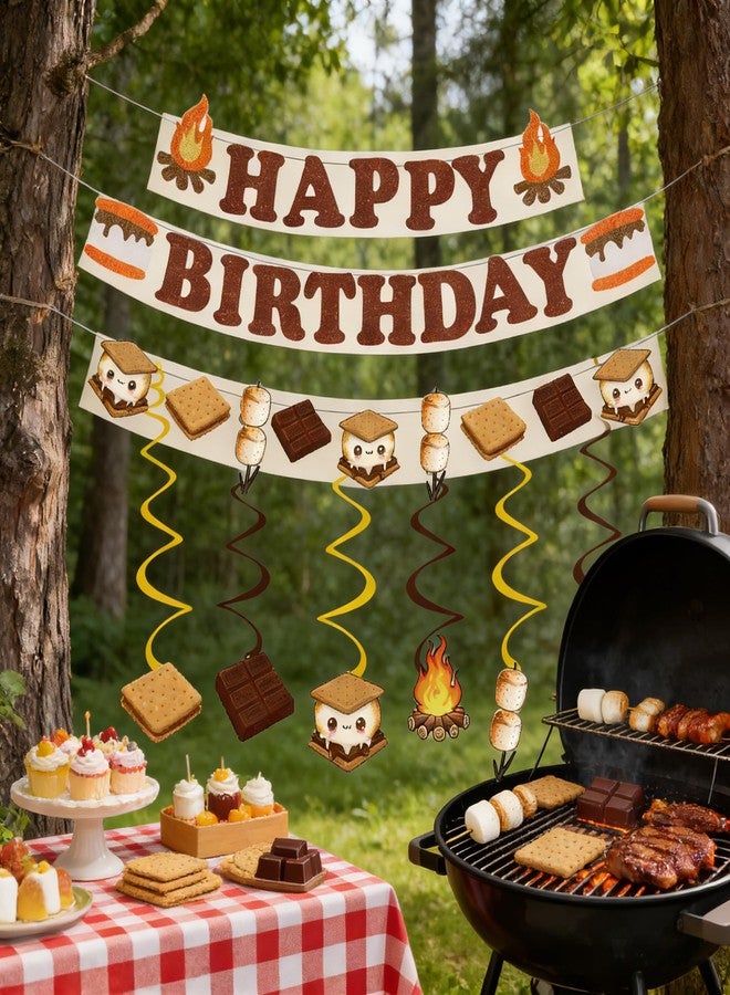 WAWEOOP Camping Smores Themed Birthday Party Decorations,Glitter Smores Birthday Banner with Hanging Swirls for Camp Smore Party Decor Supplies - Image 5