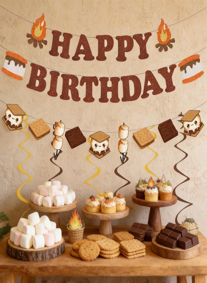 WAWEOOP Camping Smores Themed Birthday Party Decorations,Glitter Smores Birthday Banner with Hanging Swirls for Camp Smore Party Decor Supplies - Image 2