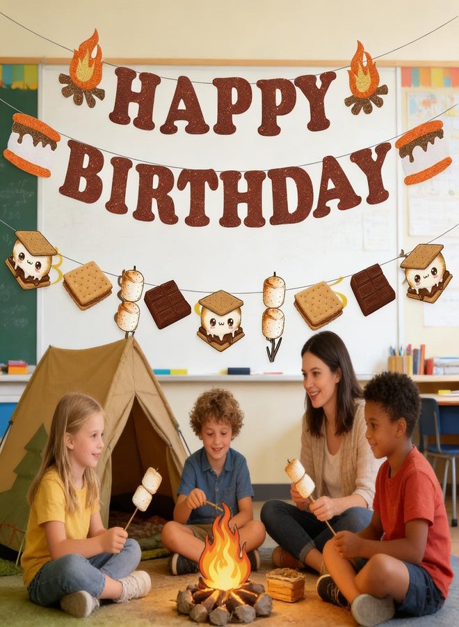 WAWEOOP Camping Smores Themed Birthday Party Decorations,Glitter Smores Birthday Banner with Hanging Swirls for Camp Smore Party Decor Supplies - Image 4