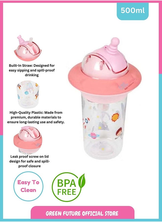 Little Angel Kids Water Bottle, High Quality 500ml - Leak-Proof with Straw and Strap, Portable and Durable Design for Toddlers & Young Children - Cute Space Design- Pink  - Image 2