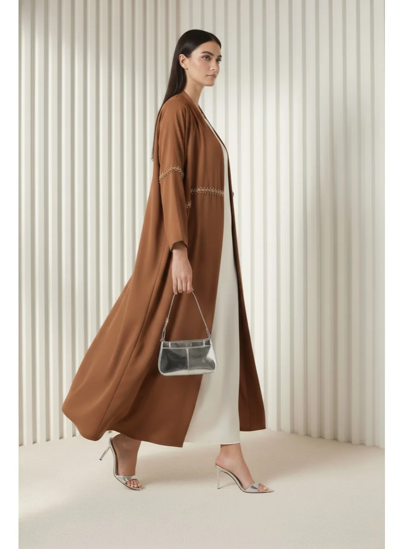 مويستريت Brown  Hand-Beaded Abaya in Premium Korean Nida With Headscarf