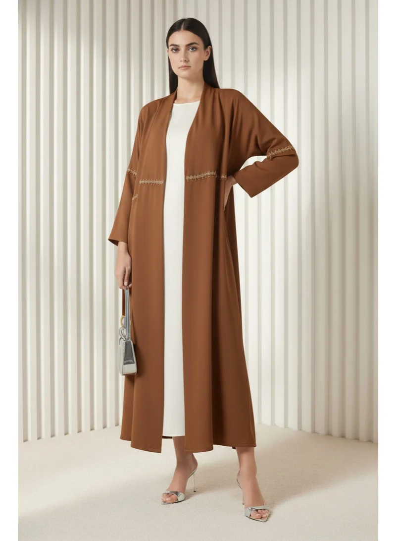 مويستريت Brown  Hand-Beaded Abaya in Premium Korean Nida With Headscarf