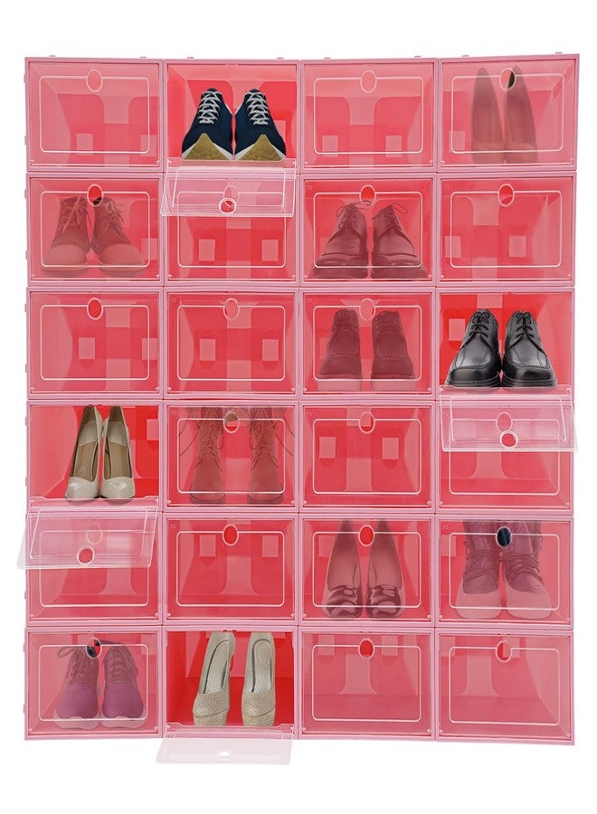 Seoqudcty 24 Pack Stackable Shoe Boxes with Clear Lids - Foldable Shoe Storage Organizer for Closet Cabinet, Color Options for Sneakers Flats Home Organization (Pink) - Image 1