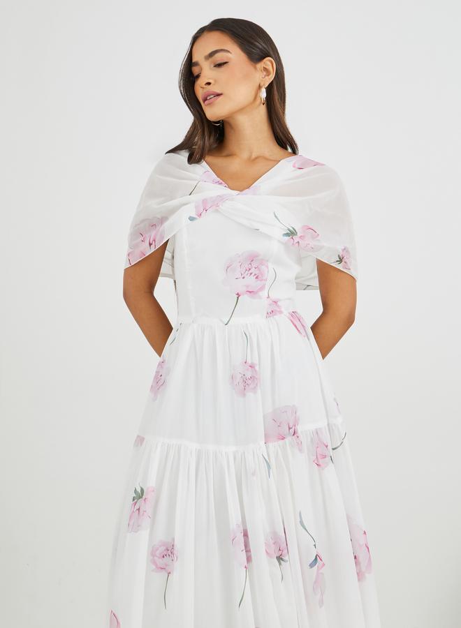 Styli Floral Print A-Line Maxi Dress with Gathers - Image 3