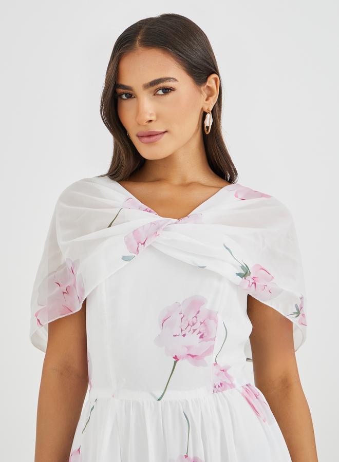 Styli Floral Print A-Line Maxi Dress with Gathers - Image 4