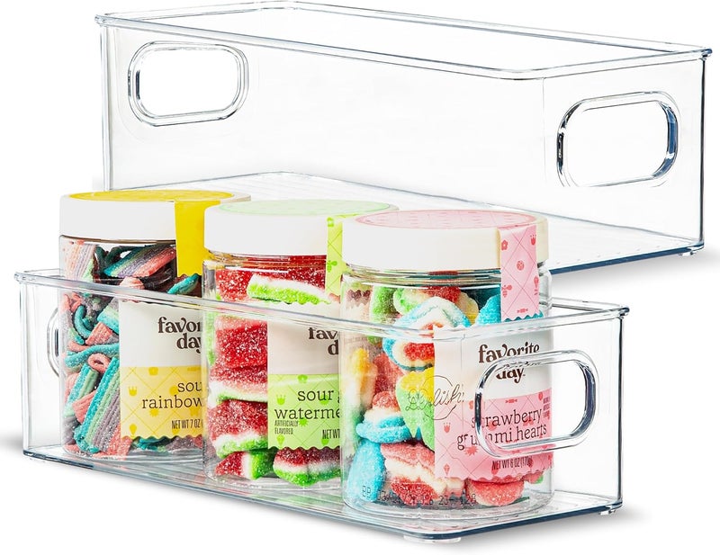 PrimeBox Plastic Food Storage Clear Container 2 Pack Bin with Handles for Organizing Kitchen, Pantry, Refrigerator, Freezer, Pantry, Cabinet, Closet, Bathroom. Stackable 10”x4”x3” - Image 1