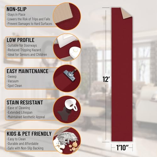 Ottomanson Hallway Runner Rug 1'10" x 12' Non Slip Solid Area Rugs Easy to Clean Laundry Rug Runner Durable & Pet Friendly Floor Carpet Runners for Hallways Entryway Living Room Kitchen, Red - Image 2