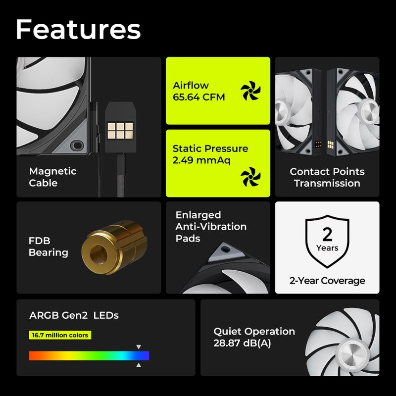 TRYX ROTA SL ARGB 120mm Case Fan 3in1 Pogo-Pin Connection with Magnetic Cable Gen2 ARGB Light Quiet Triple PC Case Fan - Image 2