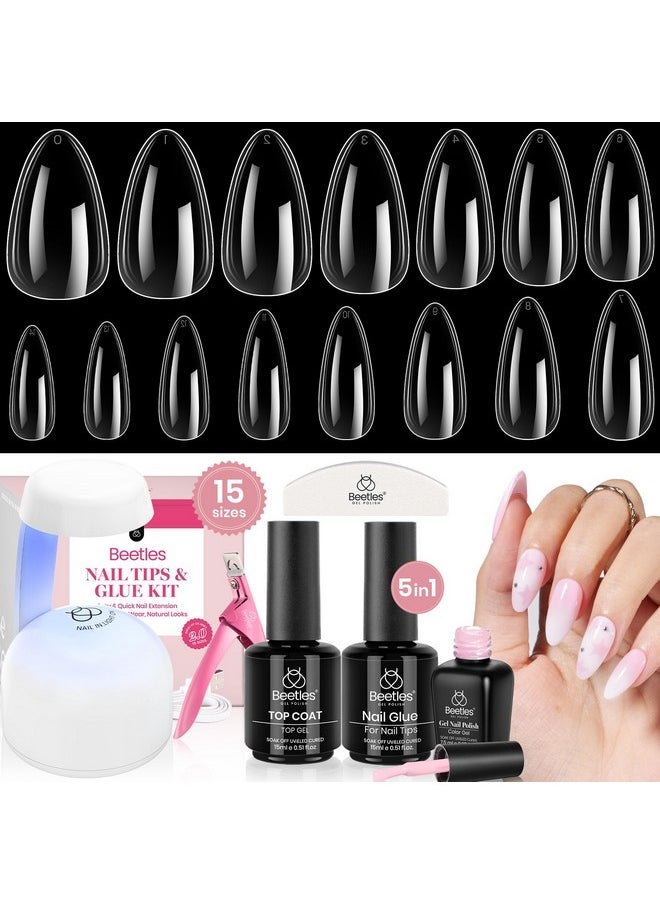 beetles Gel Polish Beetles Gel Nail Kit 600Pcs 15 Sizes Medium Almond Nail Tips with Pink Color Gel Top Coat,Soft Clear Nail Tips Set 5 In 1 Nail Glue Uv Nail Lamp Easy Nail Extension Set DIY Manicure Art Gift for Women  - Image 1