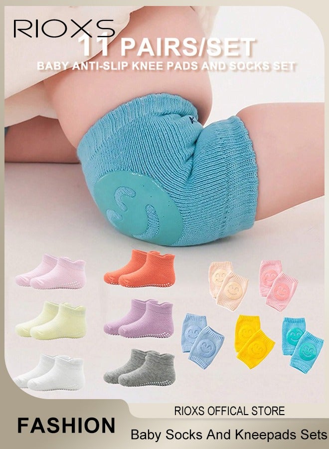 RIOXS Toddler Baby Boys and Girls Non Slip Socks and Kneepads Sets Breathable Low Cut Anti Skid Socks Crawling Anti-Slip Kneepads Protectors Leg Warmers - Image 1