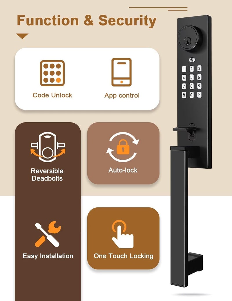 Tinewa Smart Entry Door Lock Set, Electronic Full Escutcheon Door Handle, Digital Keypad Deadbolt with App, Heavy Duty Black Front Door Handle with Single Cylinder Deadbolt, Auto Locking - Image 2