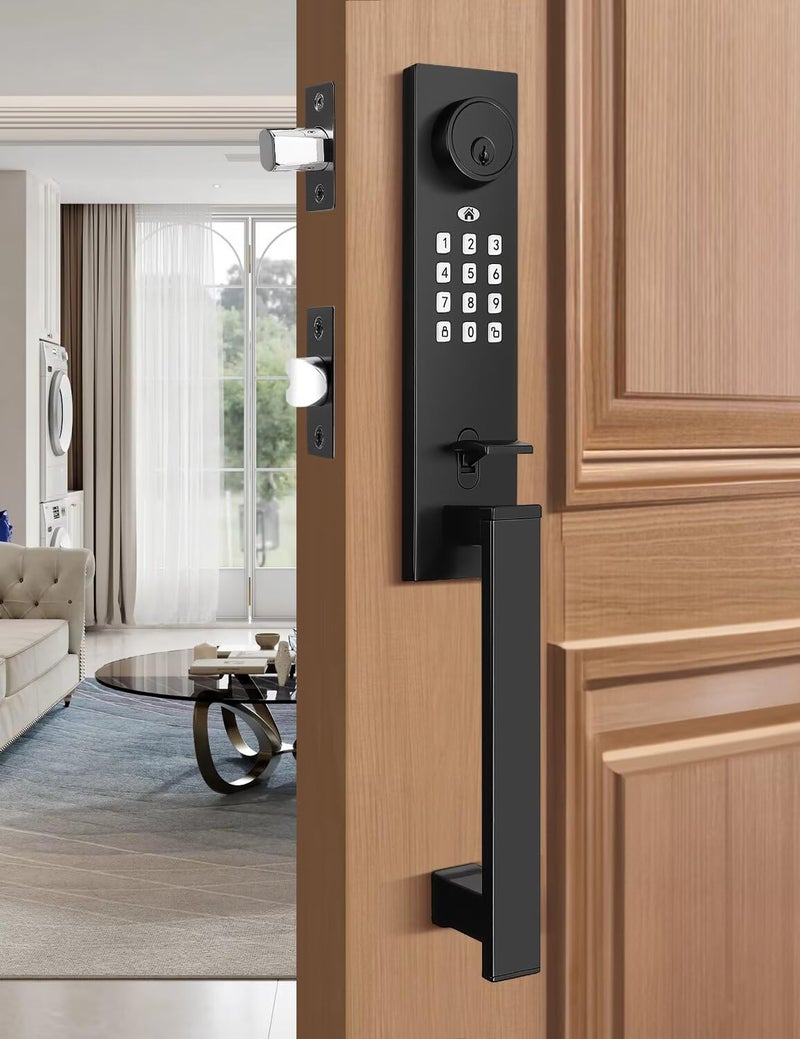 Tinewa Smart Entry Door Lock Set, Electronic Full Escutcheon Door Handle, Digital Keypad Deadbolt with App, Heavy Duty Black Front Door Handle with Single Cylinder Deadbolt, Auto Locking - Image 1