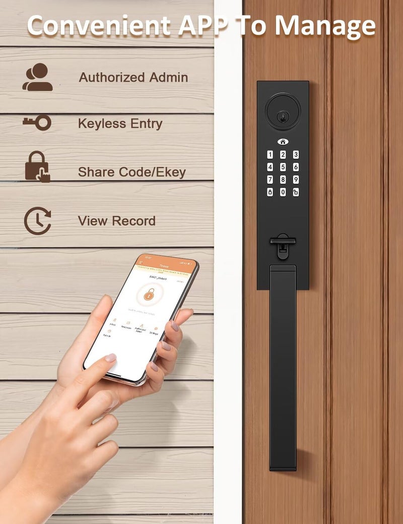 Tinewa Smart Entry Door Lock Set, Electronic Full Escutcheon Door Handle, Digital Keypad Deadbolt with App, Heavy Duty Black Front Door Handle with Single Cylinder Deadbolt, Auto Locking - Image 4