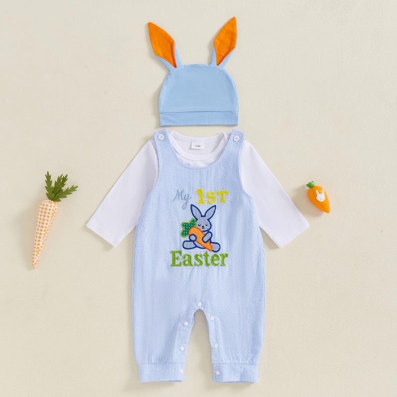 BeQeuewll Newborn Baby Boy Easter Outfit Infant Romper+Plaid Bunny Overalls Jumpsuit+Rabbit Hat 3Pcs First Easter Outfit Boy (First Easter White, 3-6 Months) - Image 2