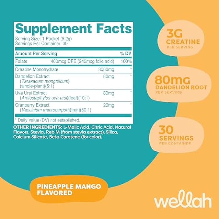 Wellah ويله بومب-إت-أب كرياتين للنساء (أناناس مانجو) 30 عبوة - 3 جرام من كرياتين مونوهيدرات مع الهندباء، وفاكهة الأوفا أورسي، ومستخلص التوت البري، عبوات جاهزة للسفر - Image 2
