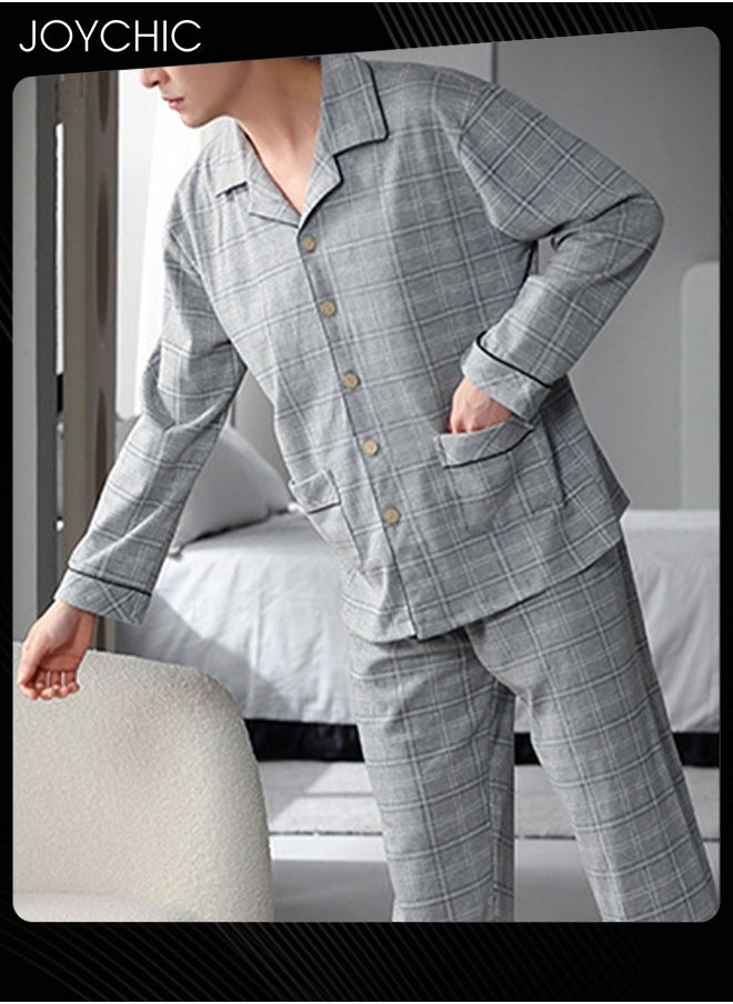 Joychic - 2-Piece of Simple Leisure Men's Pajamas Set Spring and Autumn Pure Cotton Long-sleeved Loose Neckline Design Cardigan Winter Comfortable Bedroom Sleepwear Grey - Image 1