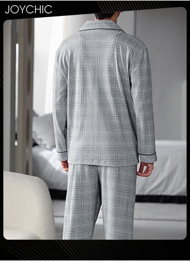 Joychic - 2-Piece of Simple Leisure Men's Pajamas Set Spring and Autumn Pure Cotton Long-sleeved Loose Neckline Design Cardigan Winter Comfortable Bedroom Sleepwear Grey - Image 1