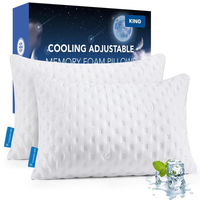 KUCEY Cooling Side Sleeper Pillow for Neck and Shoulder Pain, Luxury Shredded Memory Foam Curved Bed Pillows for Sleeping Set of 2- Adjustable King Size- Washable Cover Crescent White - Image 1