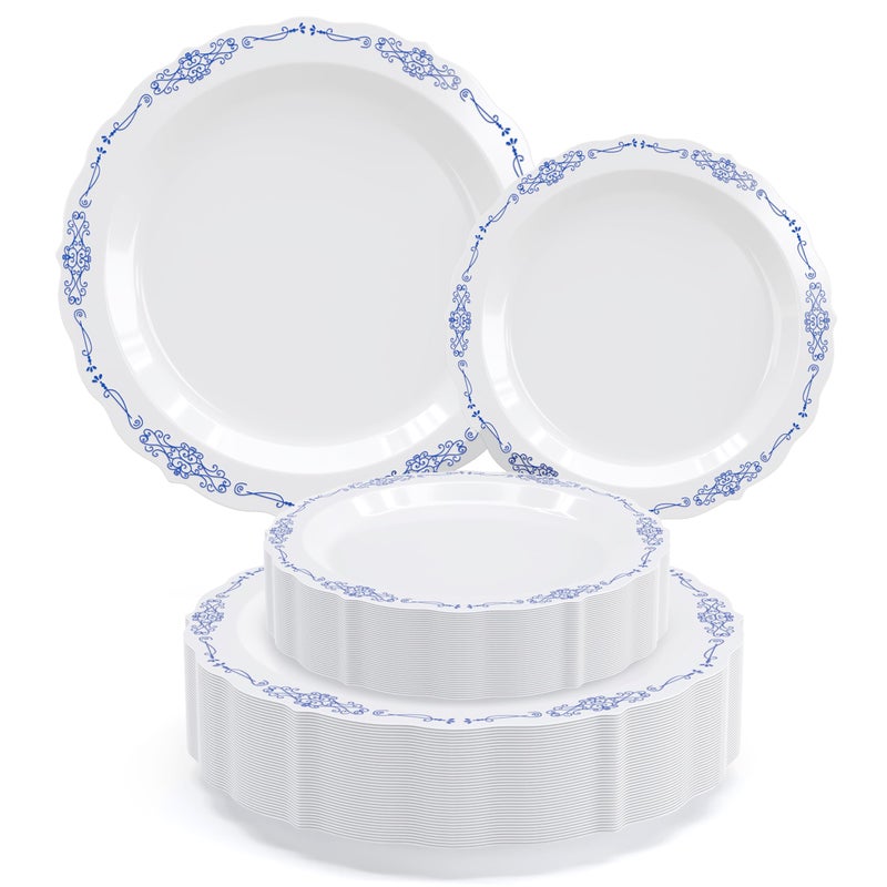 Exquisite Victorian 80 Piece Plastic Disposable Party Set For 40 Guests 40 X 75 Inch Dessert Plates 40 X 1025 Inch Plates Heavy Duty White Navy