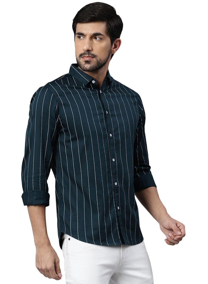 Dennis Lingo Slim Fit Green Men's Solid Shirt, Spread Collar, Full Sleeves, 100% Cotton, - Image 3