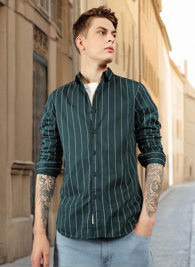 Dennis Lingo Slim Fit Green Men's Solid Shirt, Spread Collar, Full Sleeves, 100% Cotton, - Image 1