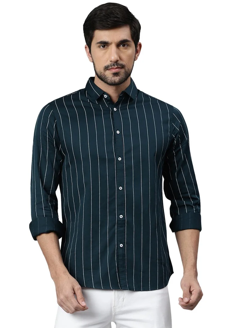 Slim Fit Green Men's Solid Shirt, Spread Collar, Full Sleeves, 100% Cotton,