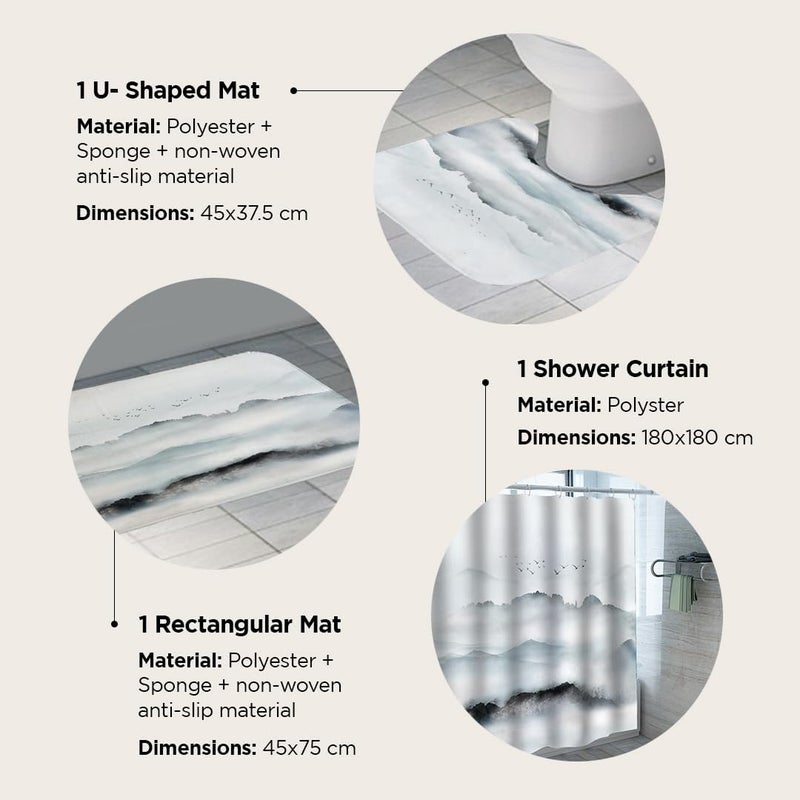 The Better Home Shower Curtains (180x180cm) with Bathmats | 3 pcs set | Polyester | Anti-Fall, Easy-Slide Curtains, Quick-Dry Non-Slippery mats | For Bathroom | Advanced Design| Hazy Hills - Grey Blue - Image 3