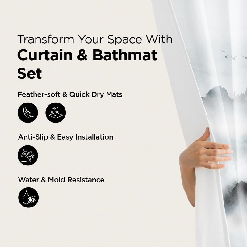The Better Home Shower Curtains (180x180cm) with Bathmats | 3 pcs set | Polyester | Anti-Fall, Easy-Slide Curtains, Quick-Dry Non-Slippery mats | For Bathroom | Advanced Design| Hazy Hills - Grey Blue - Image 2