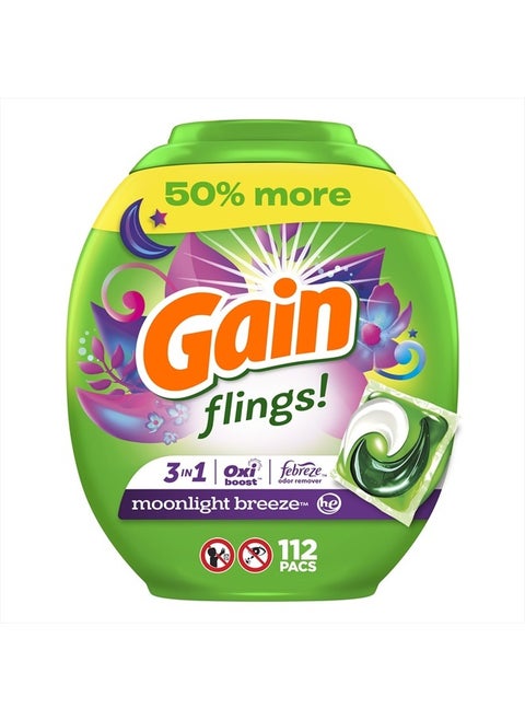flings Laundry Detergent Soap Pacs HE Compatible 112 ct Long Lasting Scent Moonlight Breeze(Packaging May Vary)